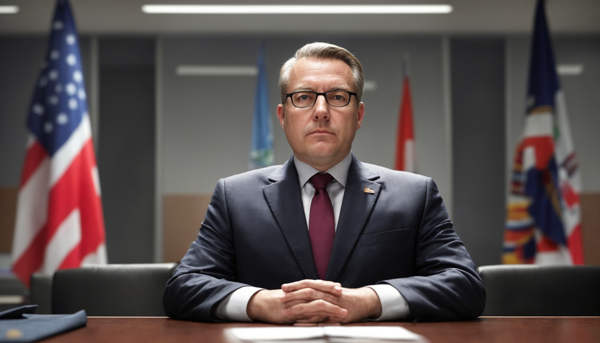 Government official focused behind sleek desk with international flags in background