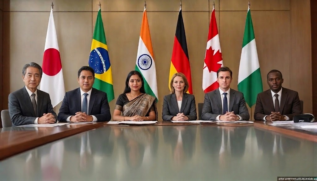 Diverse international diplomats analyzing global government policies at a conference table
