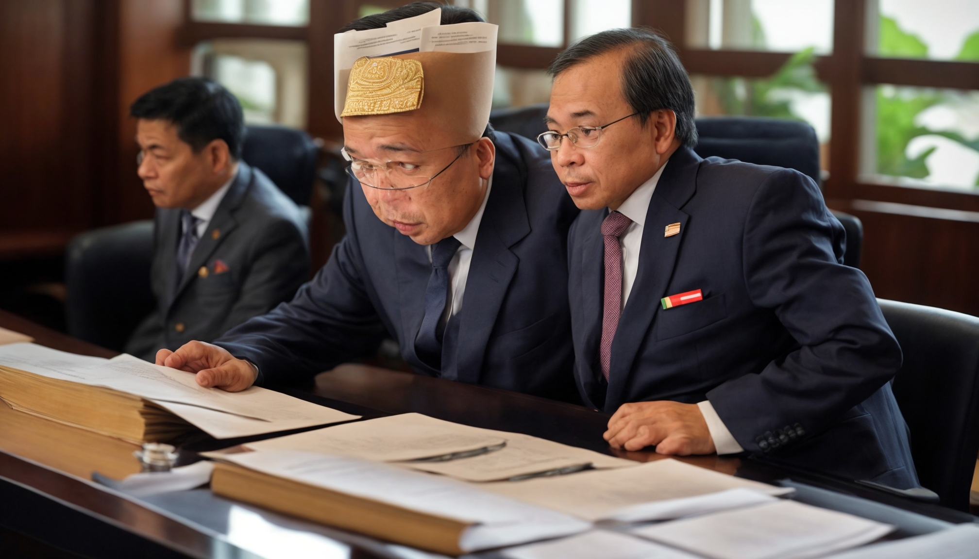 Senior diplomat reviewing multilateral policy documents at an international conference table representing global government p