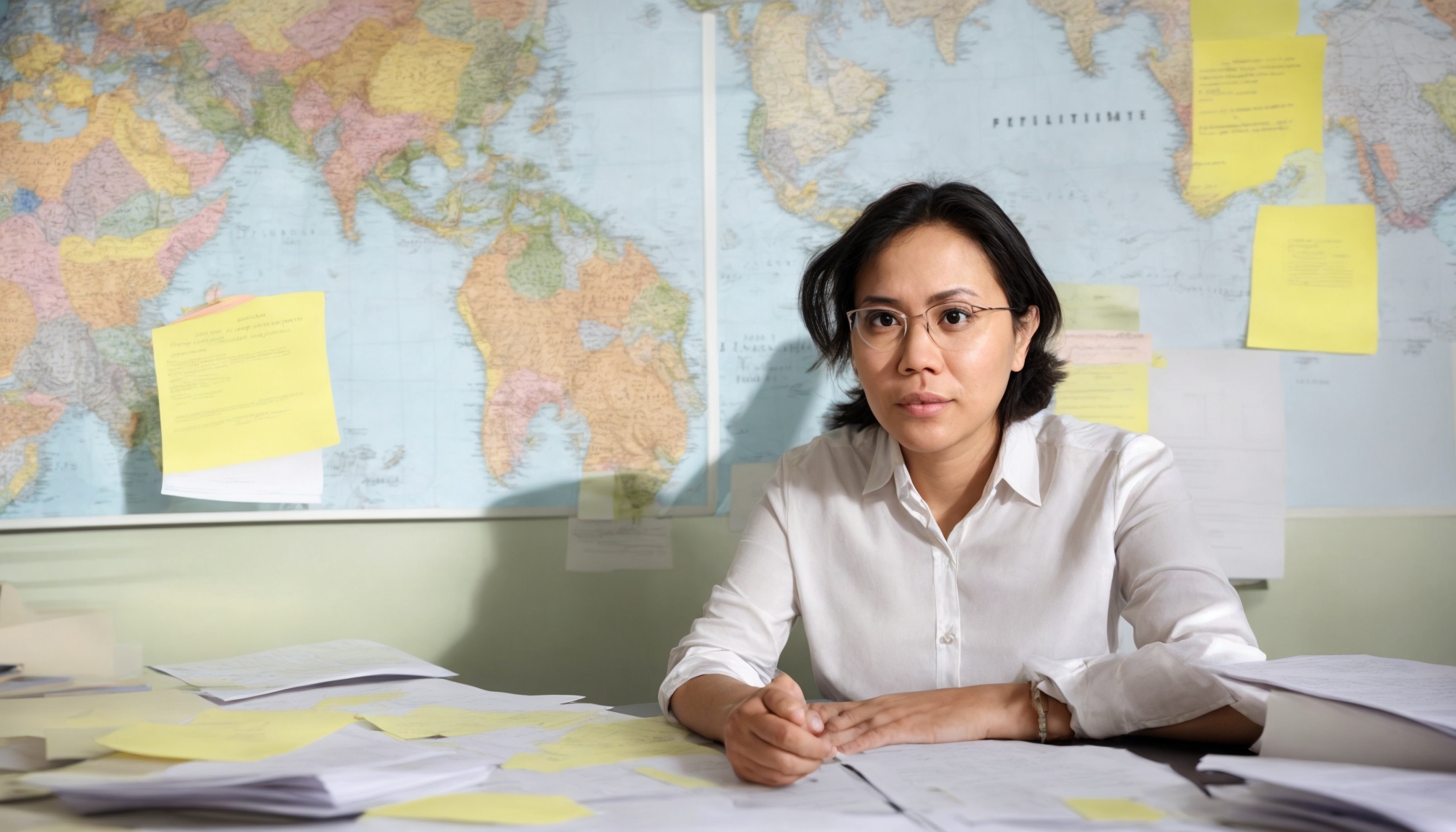 Political analyst reviewing global conflict reports at a newsroom desk with a world map display